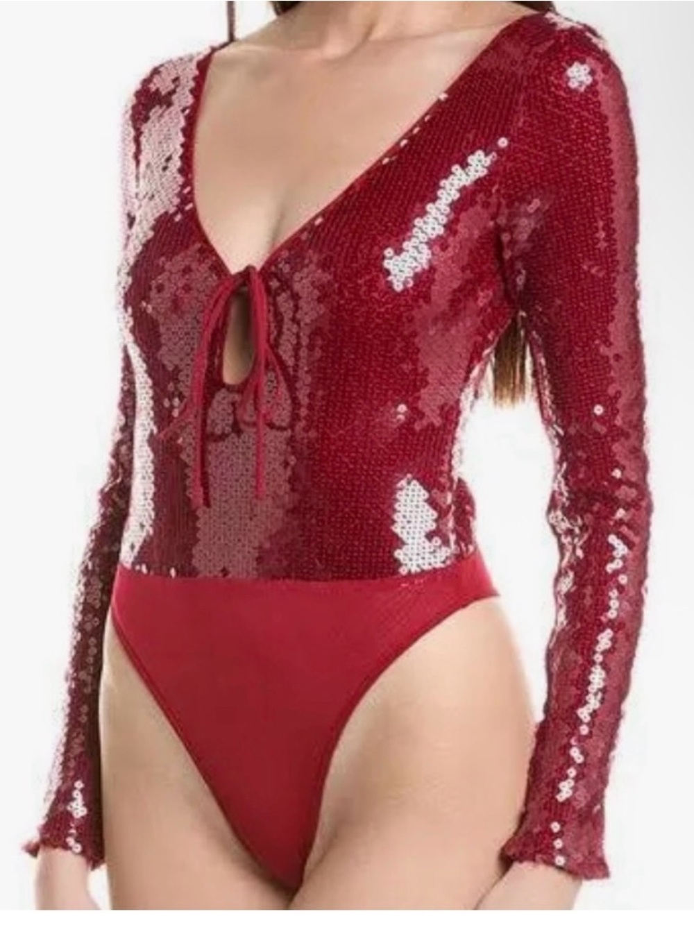 Bardot Red Sequin Long-Sleeve Tie-Front Bodysuit